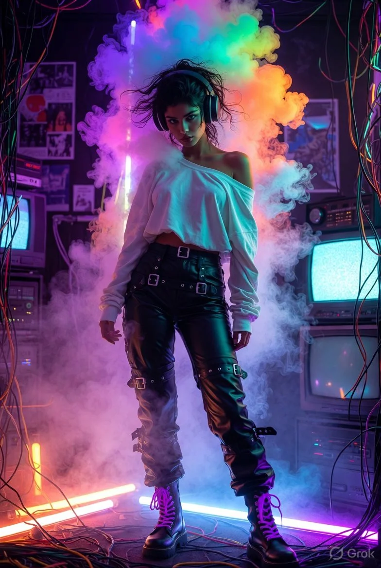 Neon-lit Indian woman in cyberpunk room with intense gaze