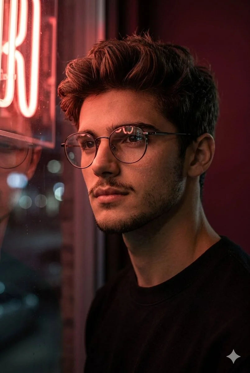 Neon-lit Introspection: Cinematic Portrait of a Young Man