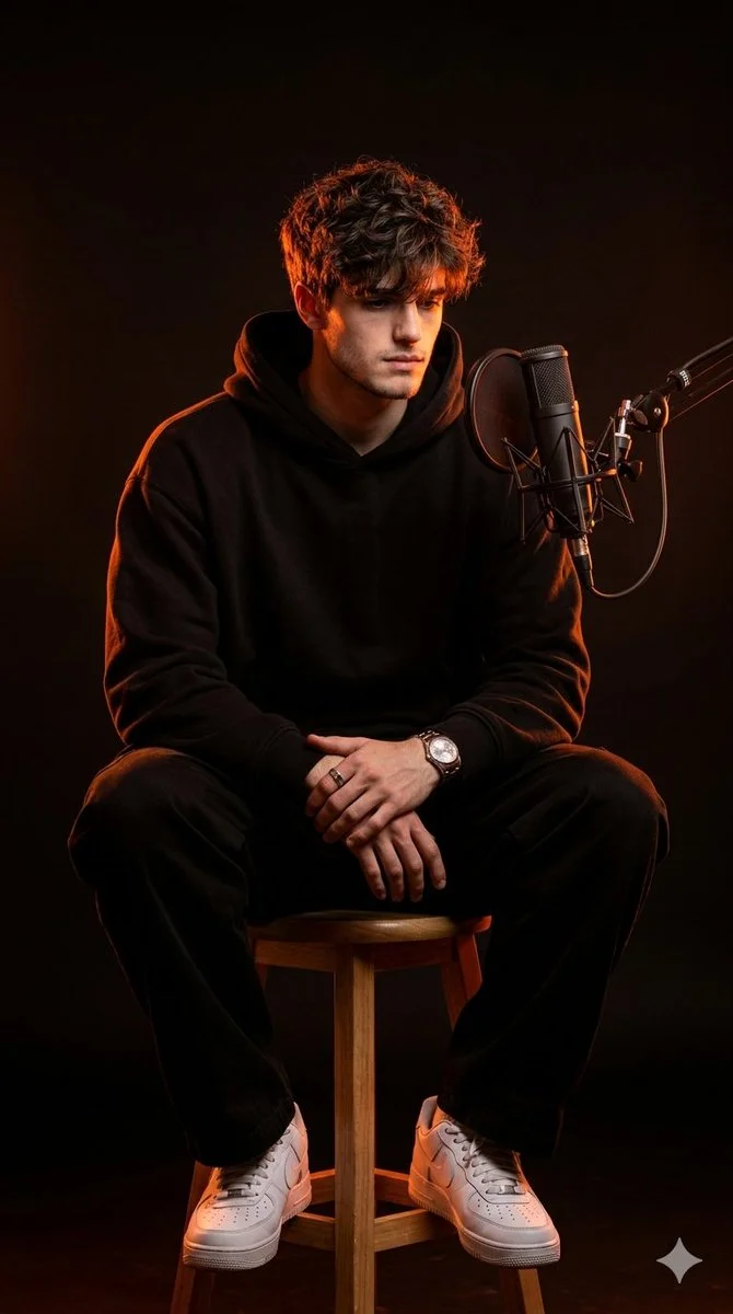 Neon-lit Portrait of a Thoughtful Young Man in Minimalist Studio