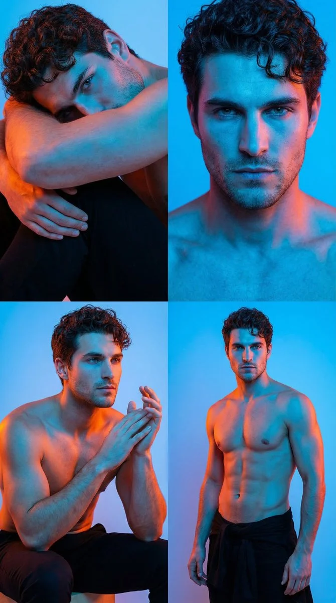 Neon Narrative: A Bold Editorial Portrait Grid of Masculine Elegance