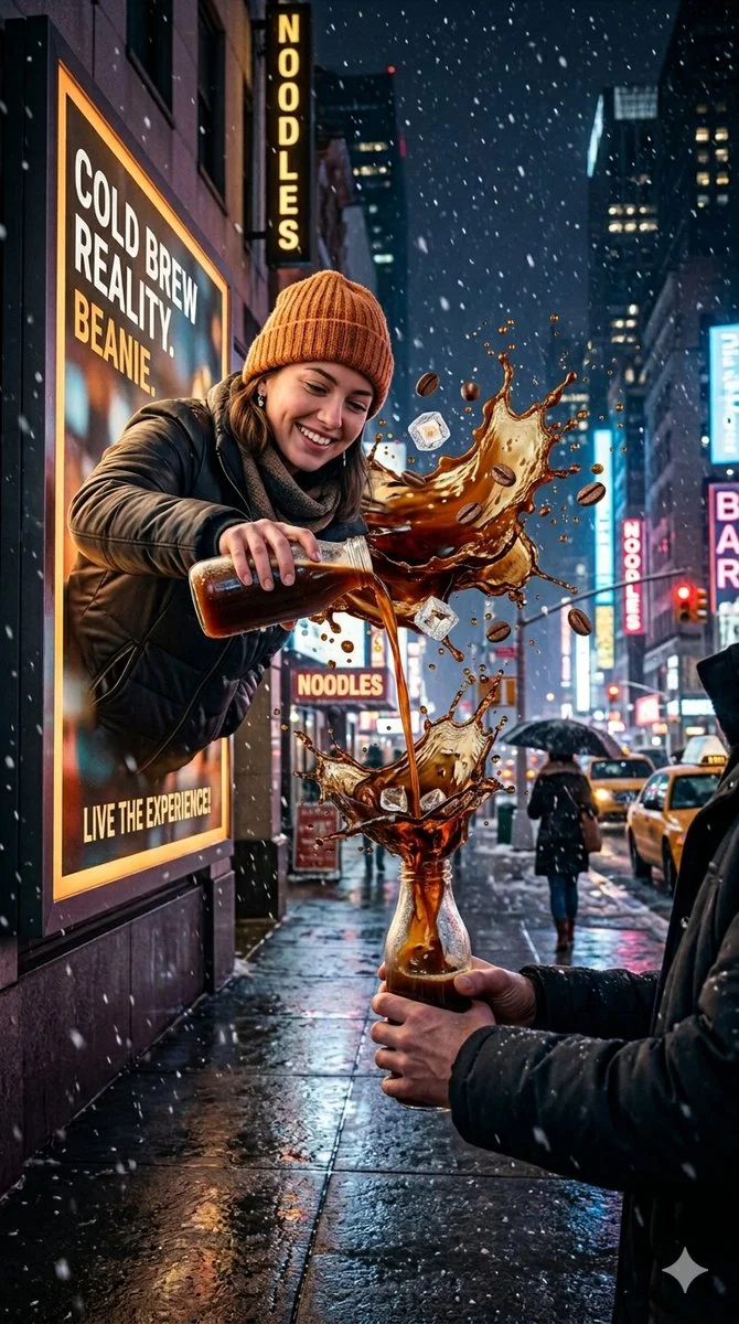 Neon Night Brew: Surreal Coffee Pouring from Digital Billboard