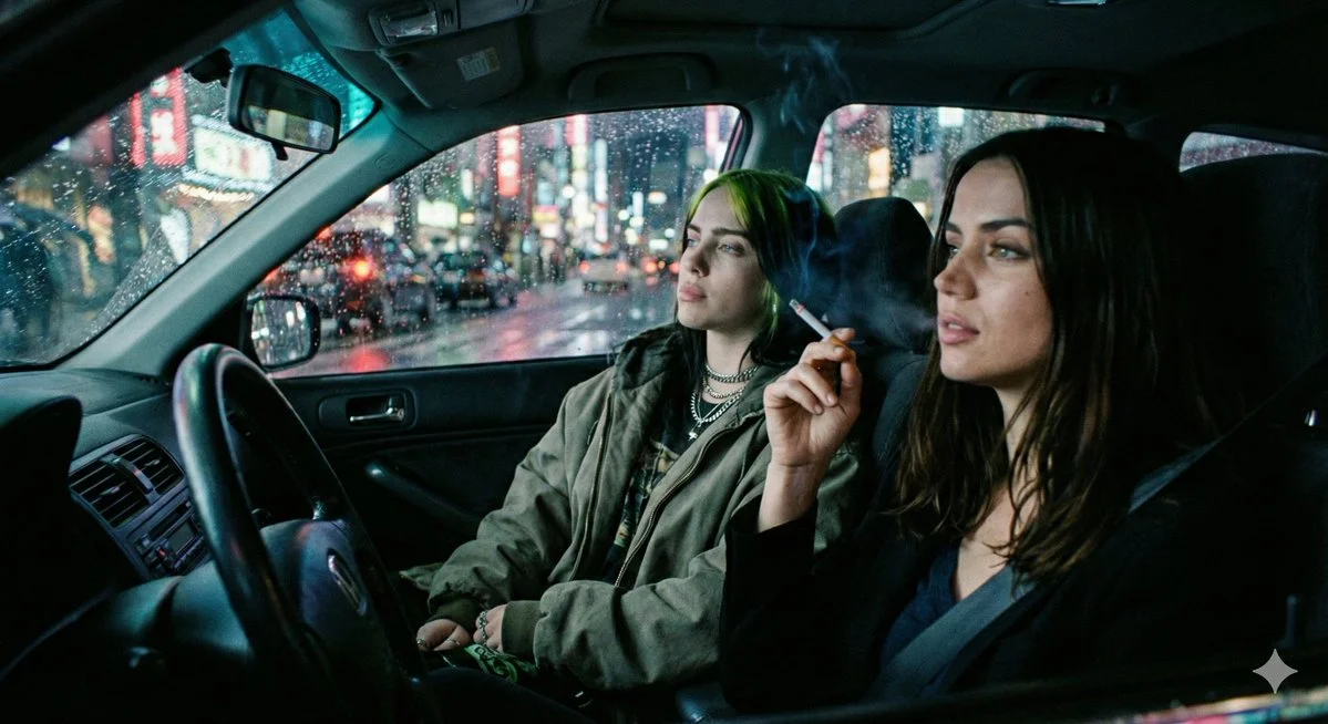 Neon Nights: A Rainy Ride with Stars