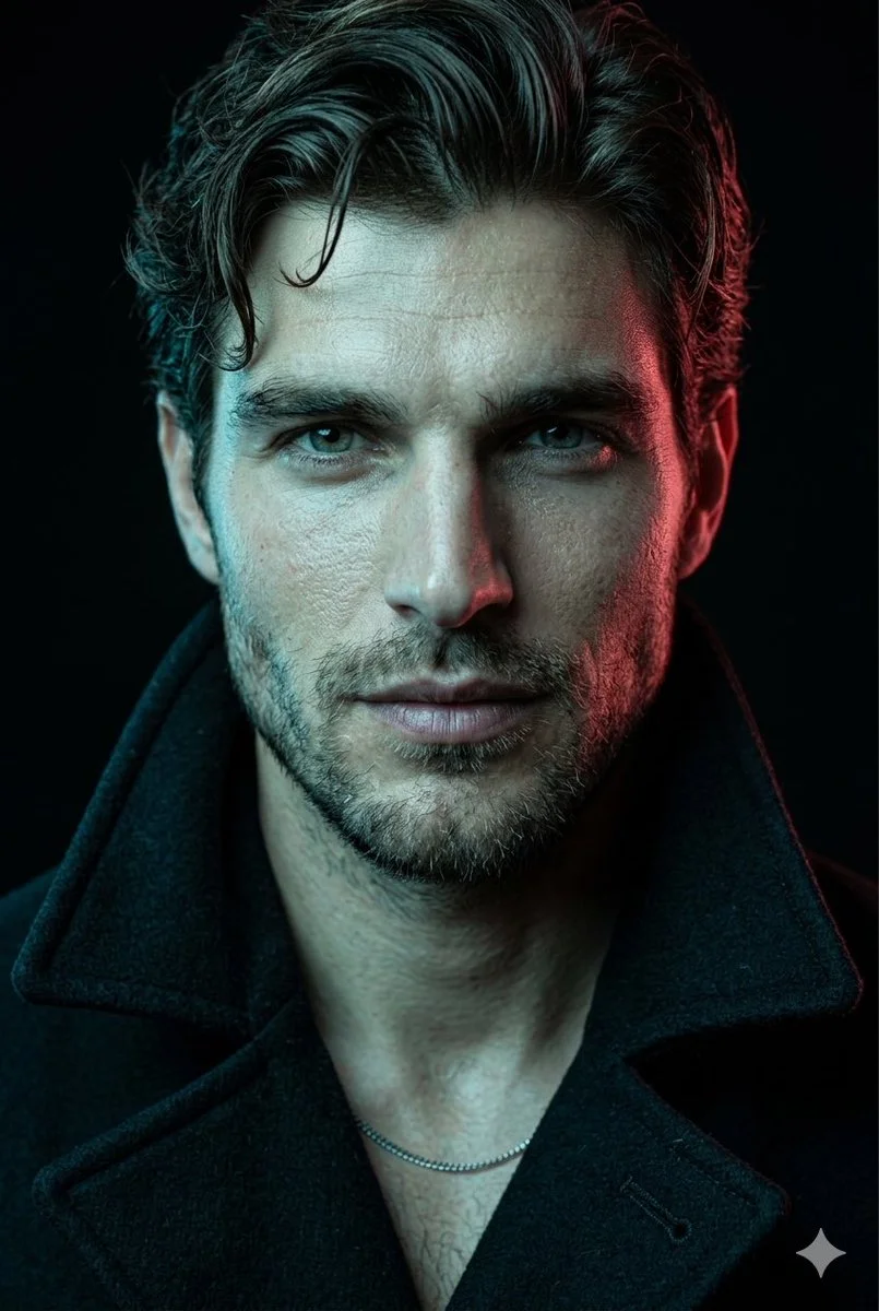 Neon Noir Close-Up: Intense Male Portrait in Cinematic Contrast