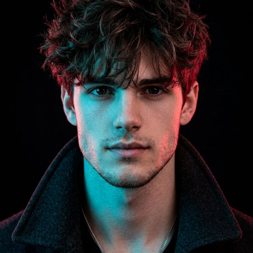 Neon Noir Intensity: Close-Up Portrait of a Bearded Man