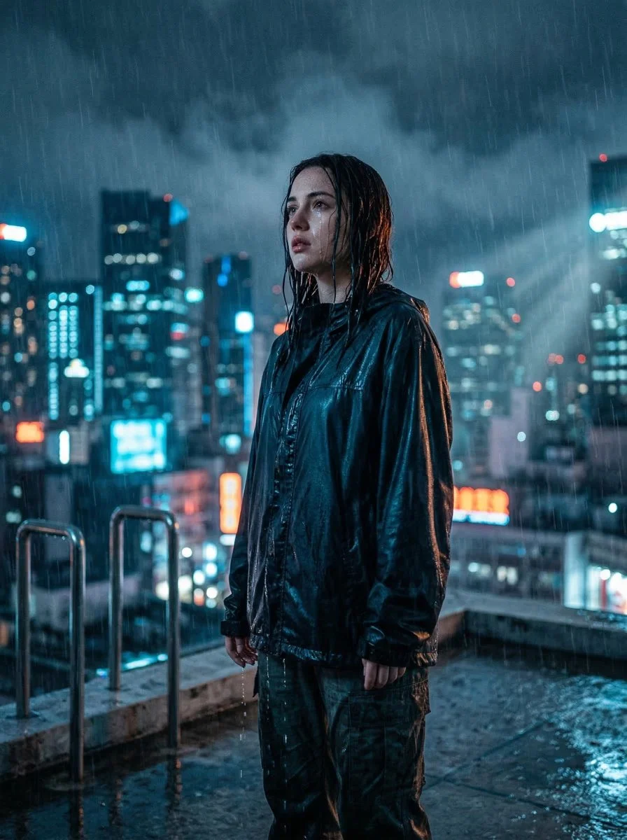 Neon Rain on the Rooftop