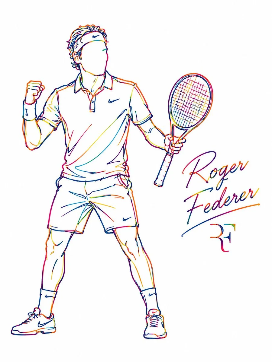 Neon rainbow line art captures five iconic celebrities in motion