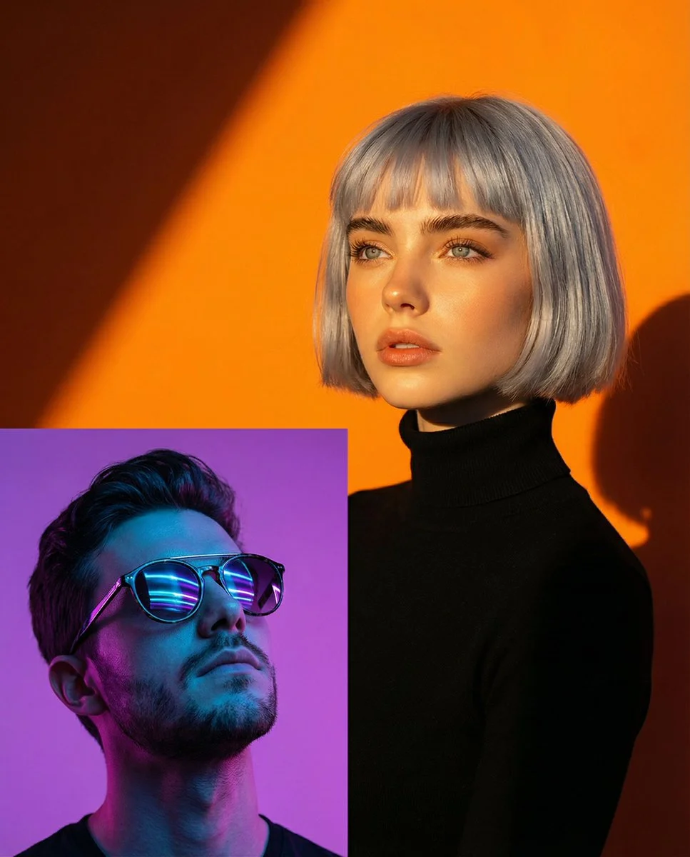 Neon Reflections: Man in Sunglasses Under Dramatic Blue and Purple Light