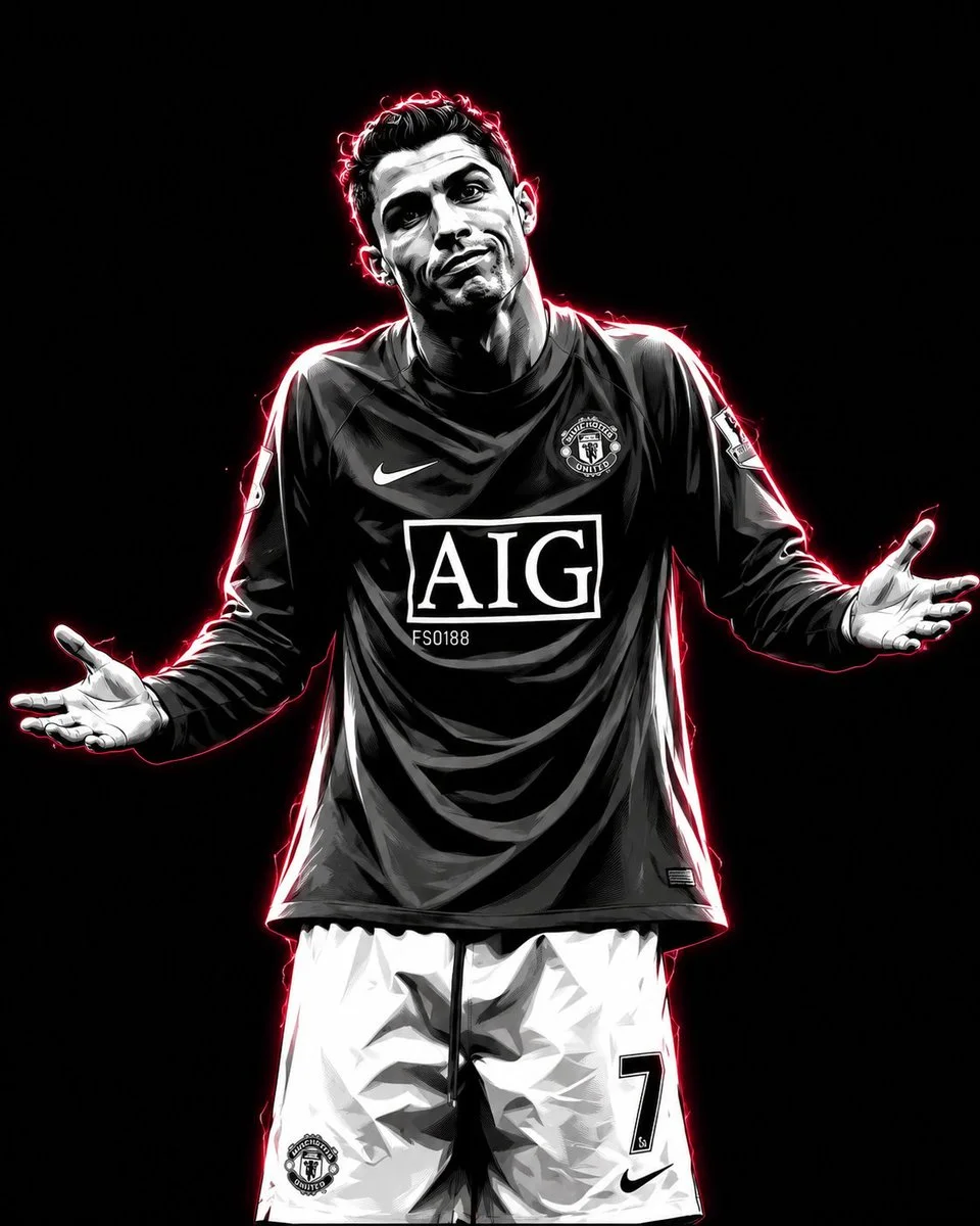 Neon rim light traces a soccer star's monochrome portrait