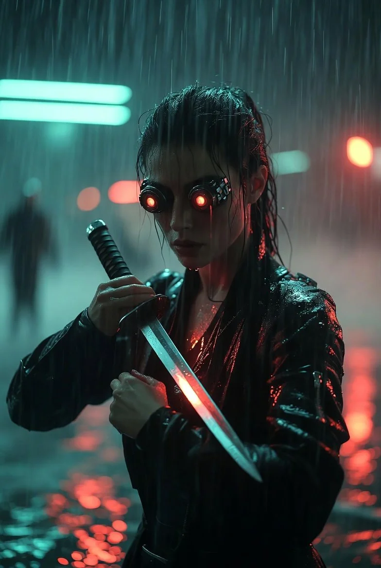 Neon Shadows: A Cyberpunk Duel in the Rain