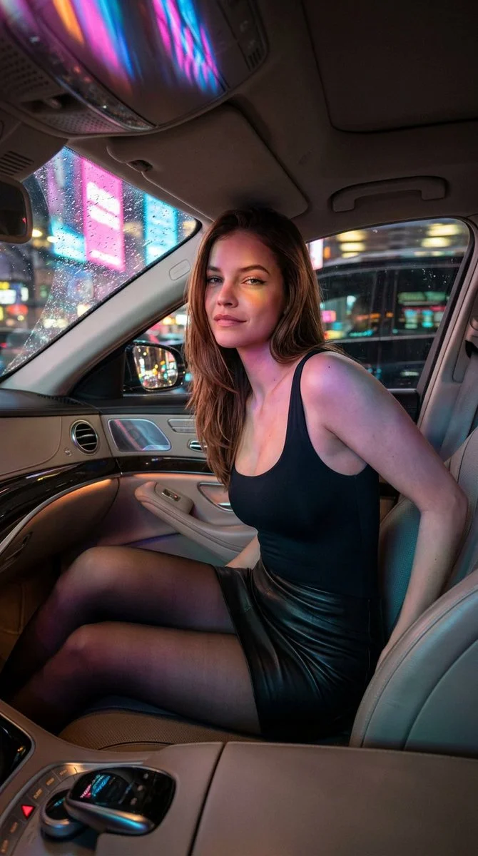 Neon streaks paint satin and skin in a parked luxury sedan at night