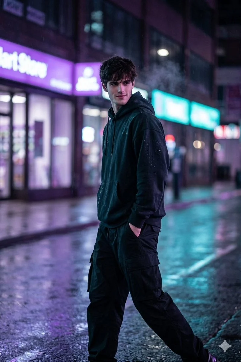 Neon Stride in a Rainy Cyberpunk Street