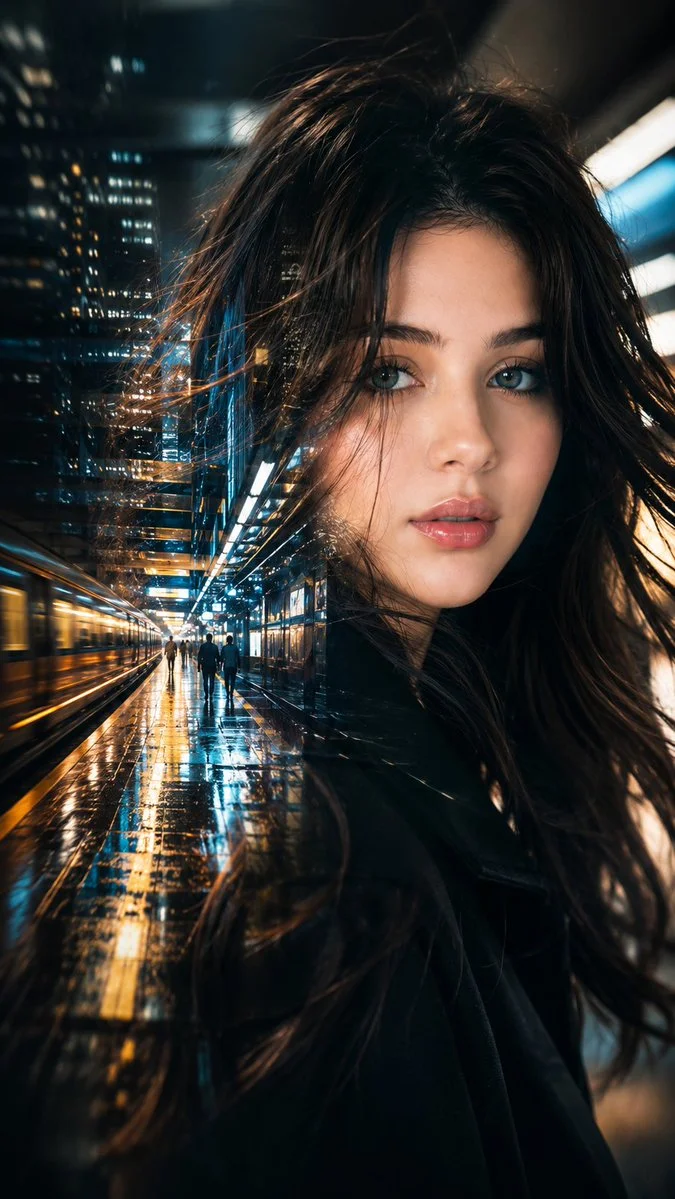 Neon subway reflections blend with a mysterious woman's calm face