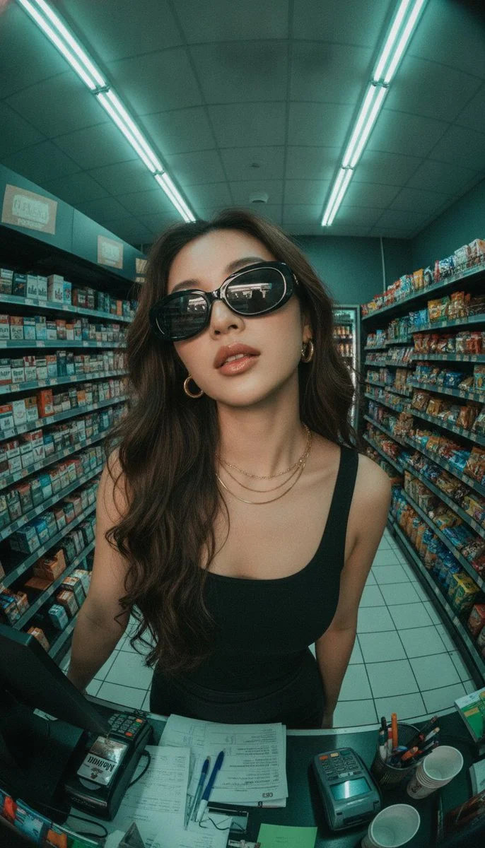 Night cashier's confident gaze through fisheye lens in convenience store