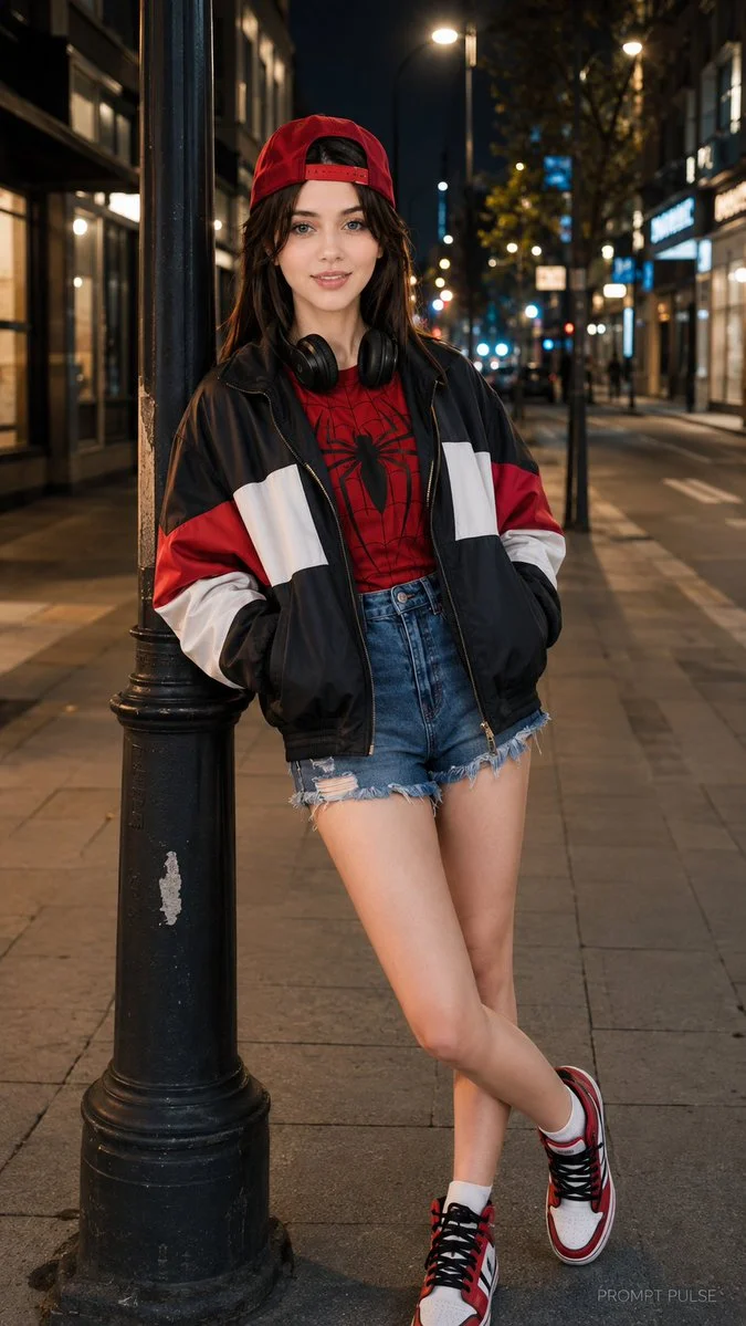 Night City Portrait with Red Cap and Crossed Legs