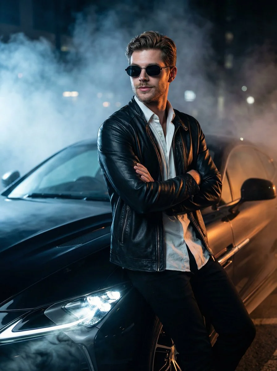 Night Drive Elegance: Man and Sports Car in Moody Fog
