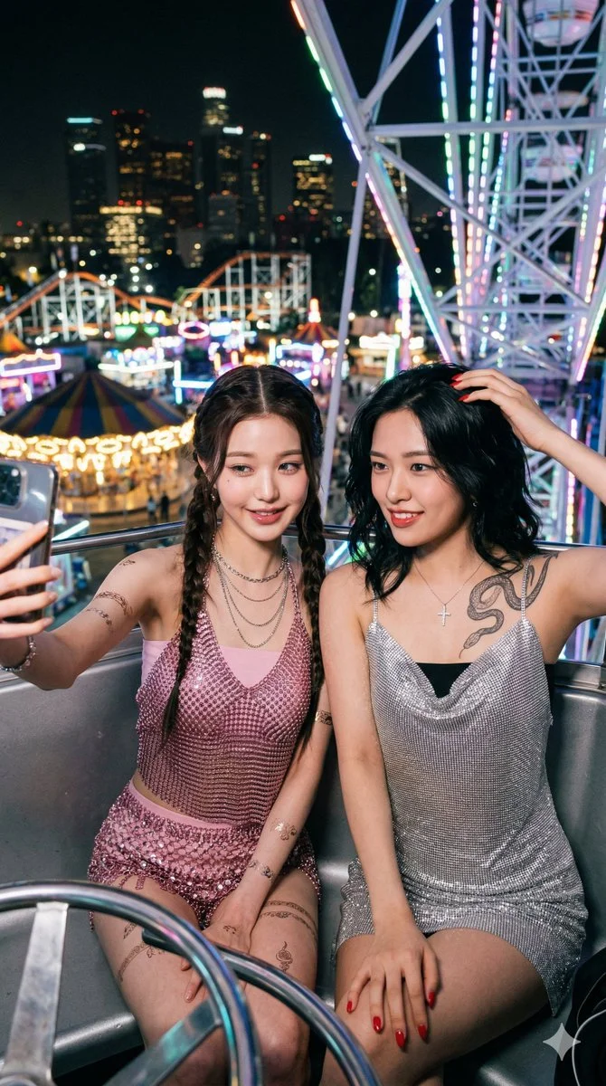 Nighttime Glamour: Wonyoung and Yujin's Ferris Wheel Selfie
