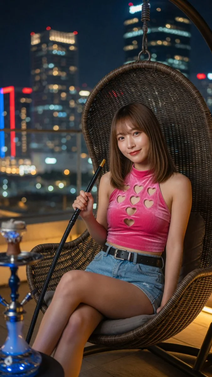 Nighttime rooftop portrait features woman with hookah in velvet top