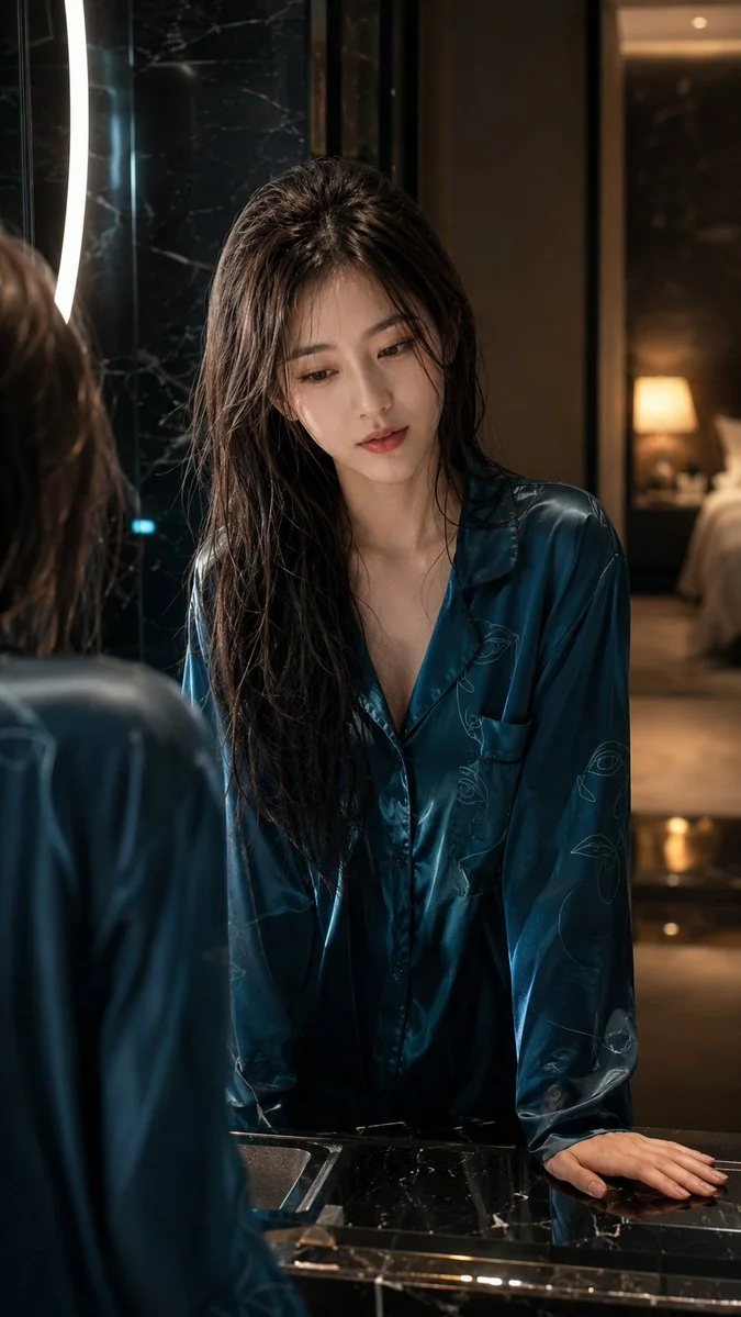 Nighttime solitude captured in a luxurious bathroom mirror portrait.