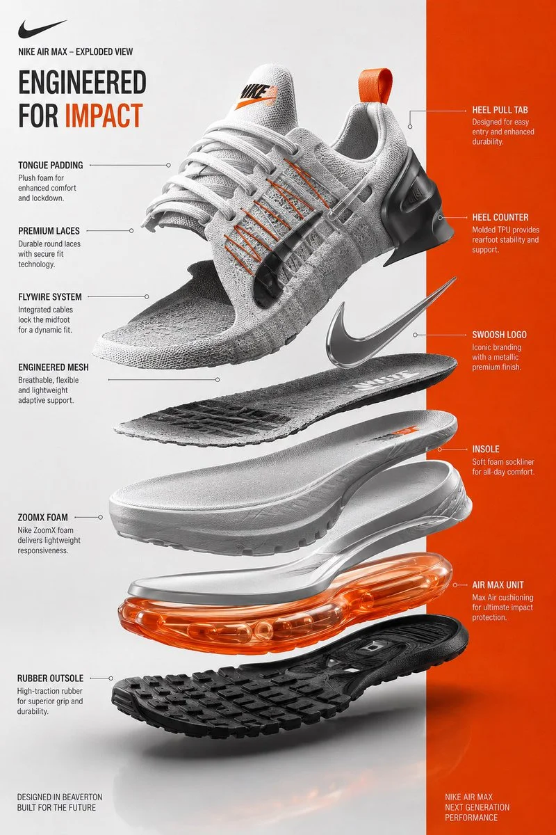 Nike sneaker components float in alignment on clean background