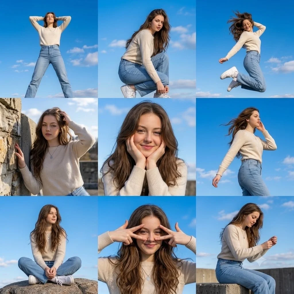 Nine dynamic poses glow beneath a sunlit azure sky collage