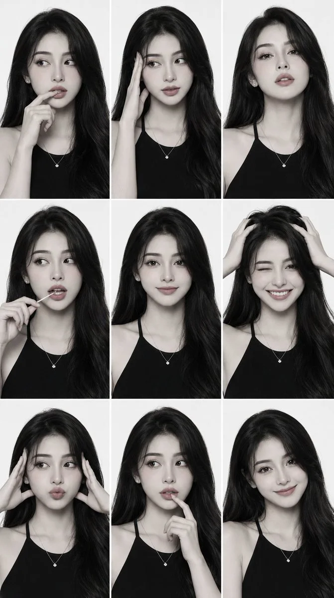 Nine expressions of same woman in monochrome editorial comp card