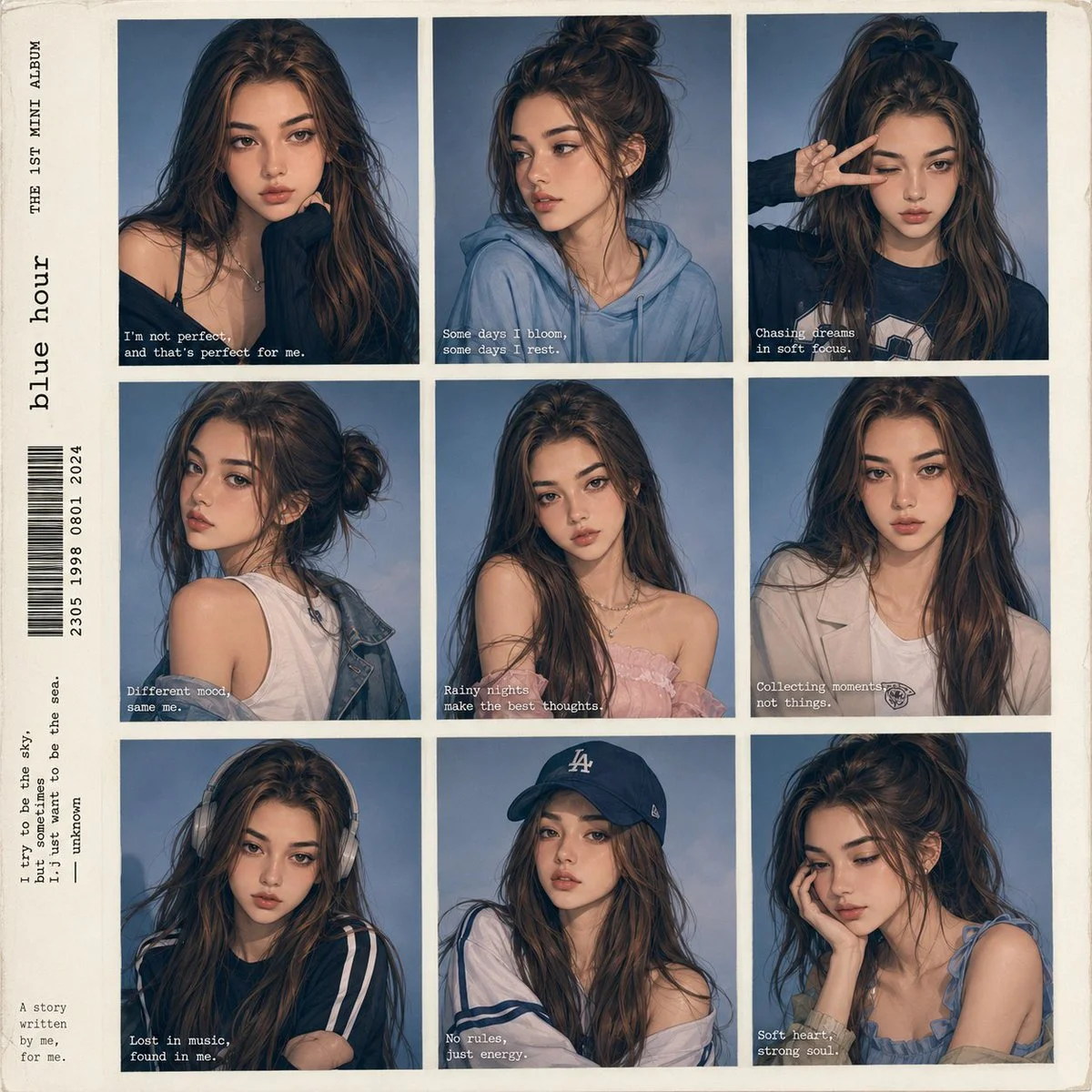 Nine faces of a K-pop idol in soft blue studio light