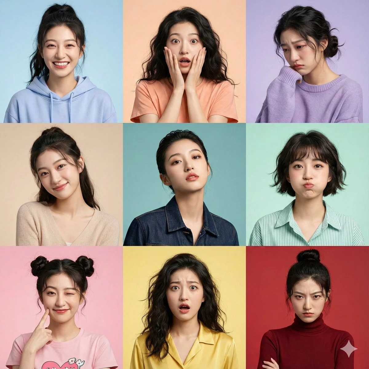 Nine Faces, One Identity: A Captivating 3x3 Expression Grid