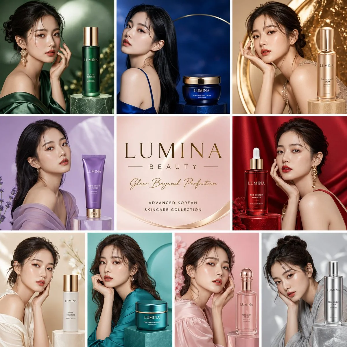 Nine flawless models showcase luxury skincare in perfect grid