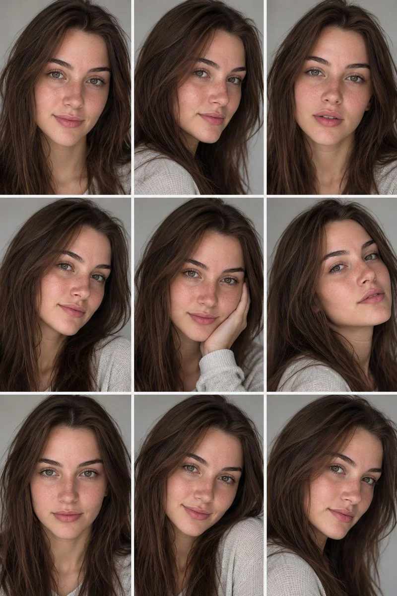 Nine Grid Portraits Show One Face in Soft Gray Light