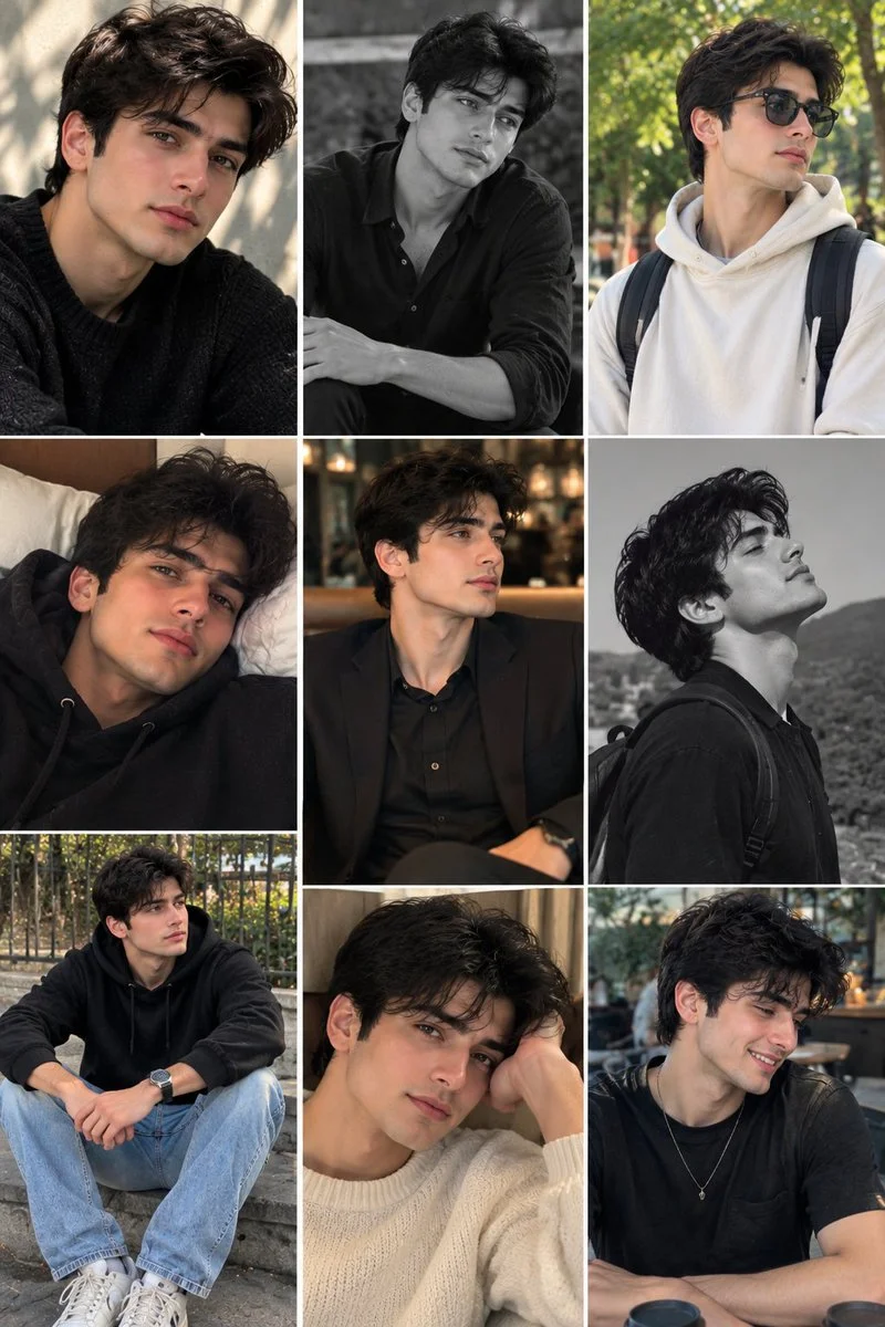 Nine-panel grid showcases a young man's versatile fashion and portrait looks.