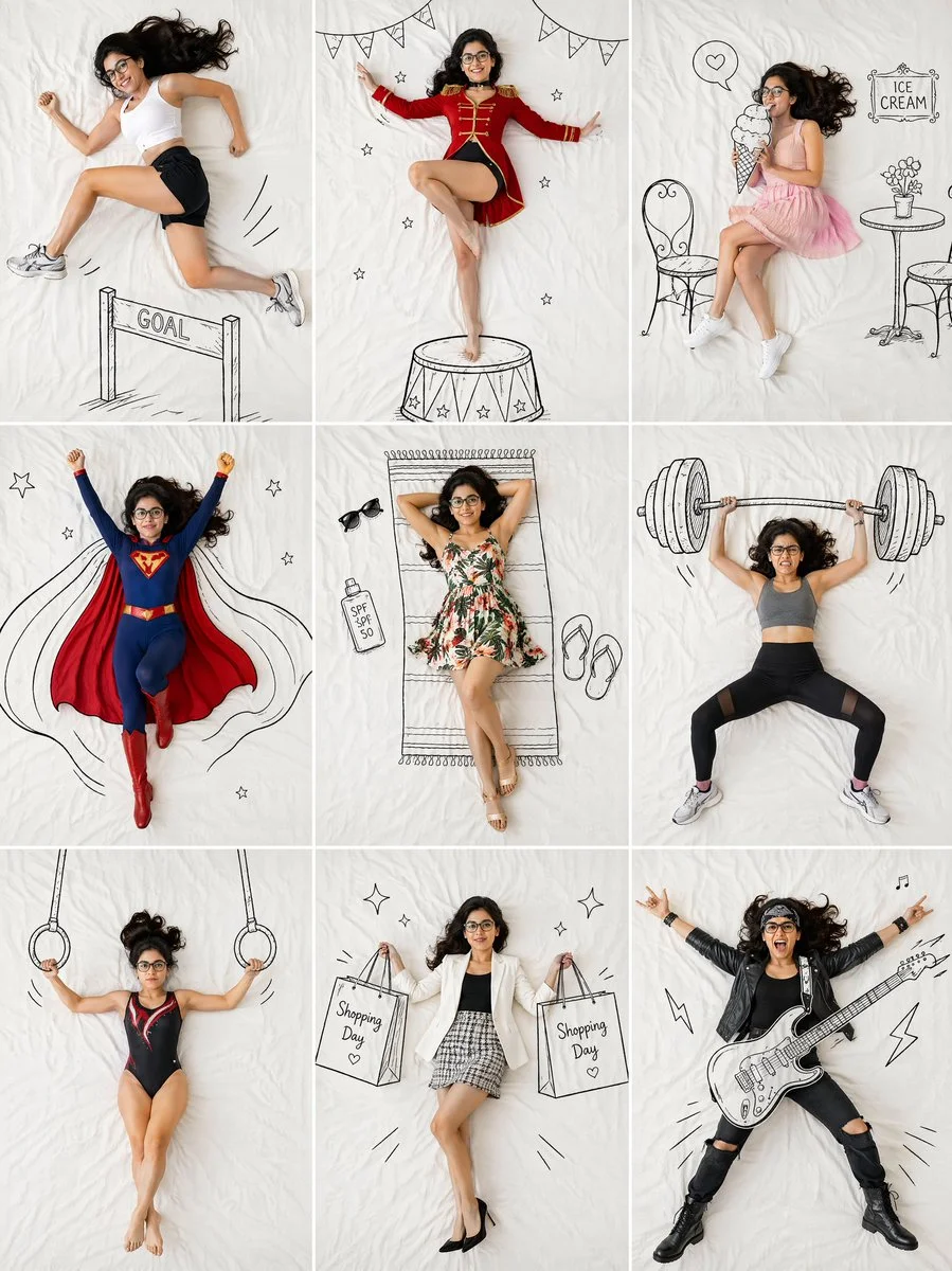 Nine playful scenes blend realistic photography with whimsical black doodles