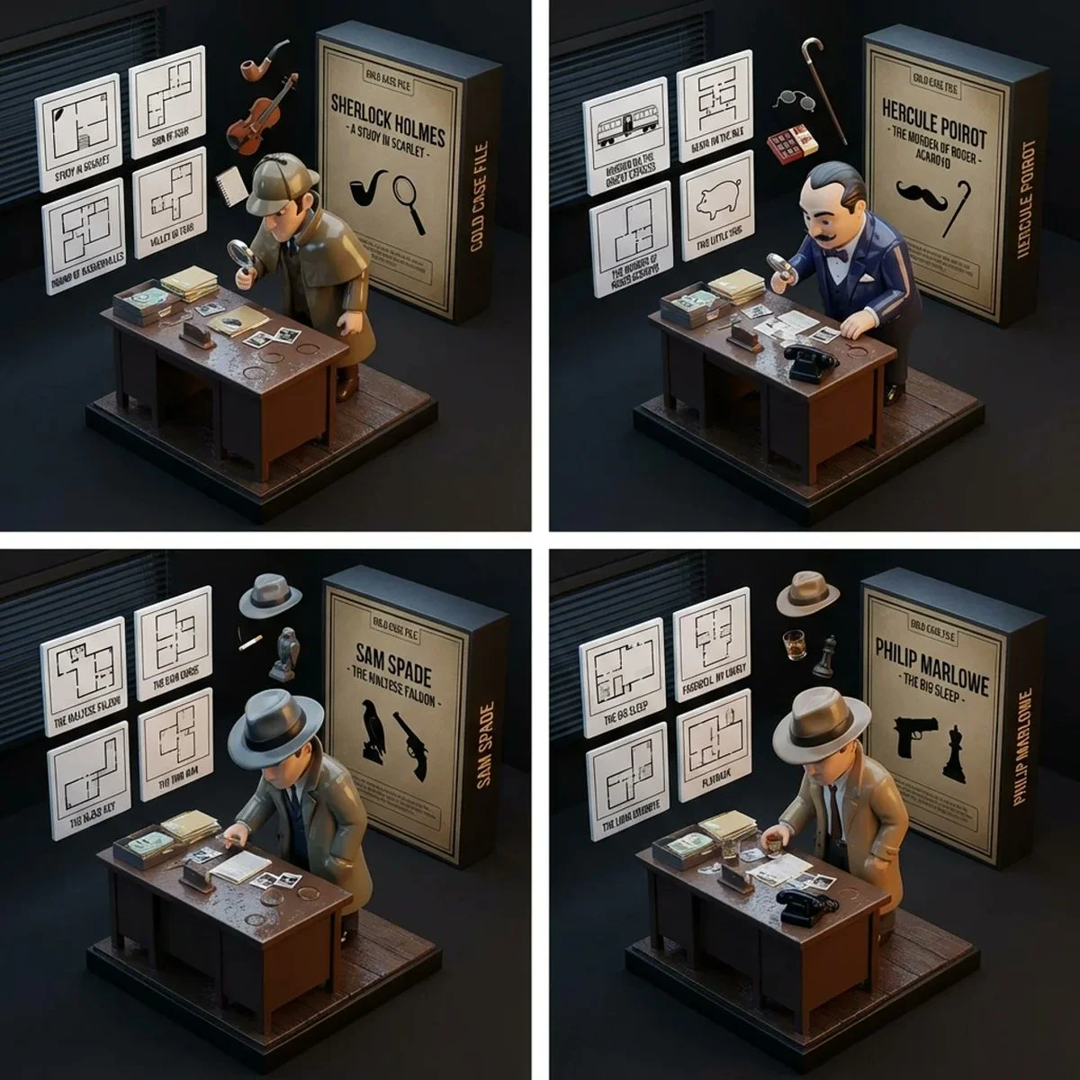 Noir Detective Diorama: Iconic Sleuths Analyzing Cold Cases in Detail