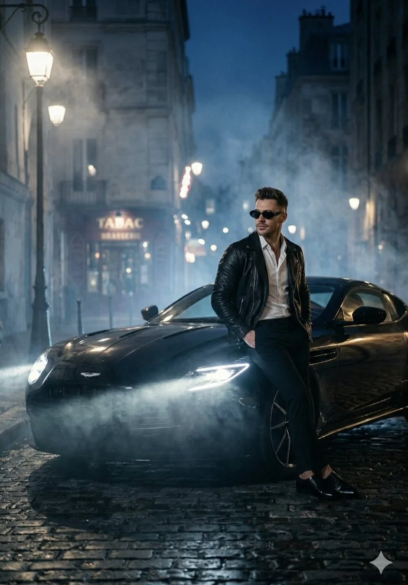 Noir Elegance: Man and Luxury Car on a Rainy Cobblestone Street