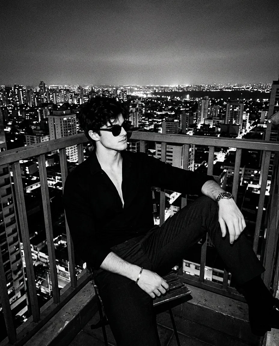 Noir Portrait of a Man on a City Balcony in High Contrast Black and White