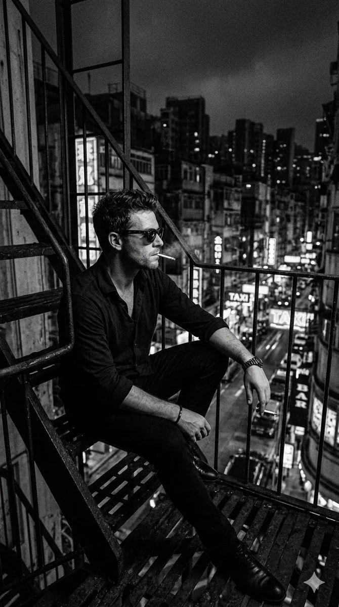 Noir Reflection: Man on Fire Escape Overlooking Neon Cityscape