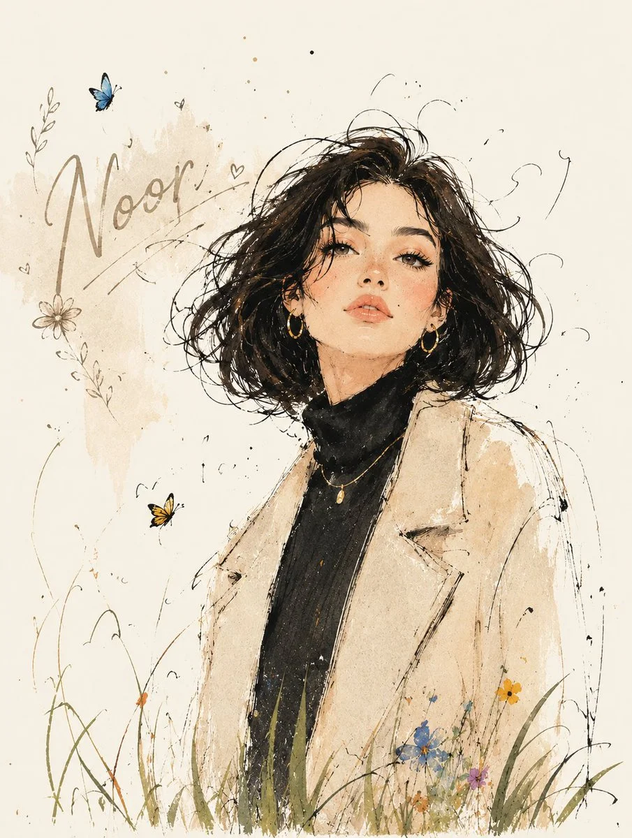 Noor's portrait blooms with ink and watercolor flowers