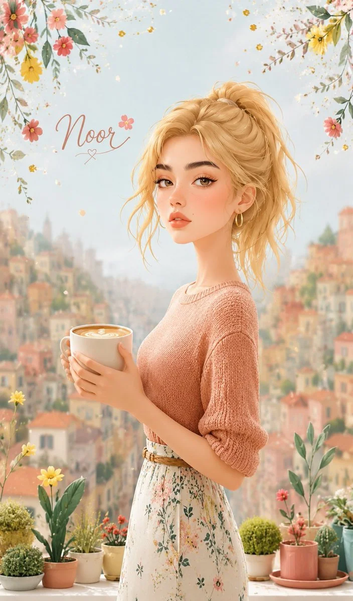 Noor sips coffee on a sunny balcony with floating petals