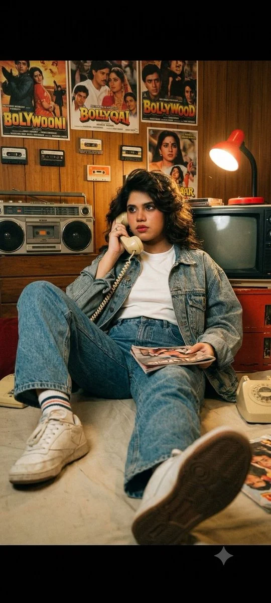 Nostalgic Bollywood Beauty Chats on Vintage Phone in Retro Bedroom