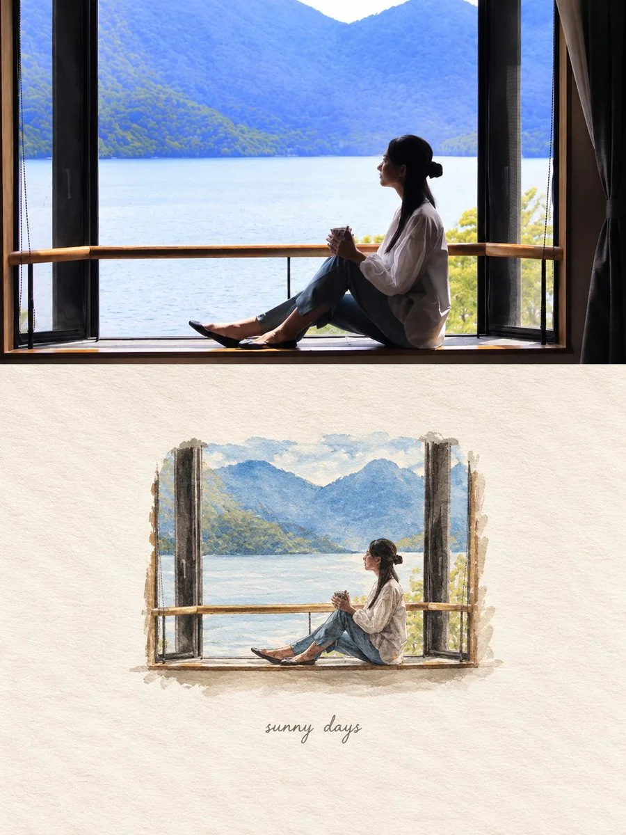 Nostalgic Scrapbook Splits Photo and Miniature Watercolor Memory