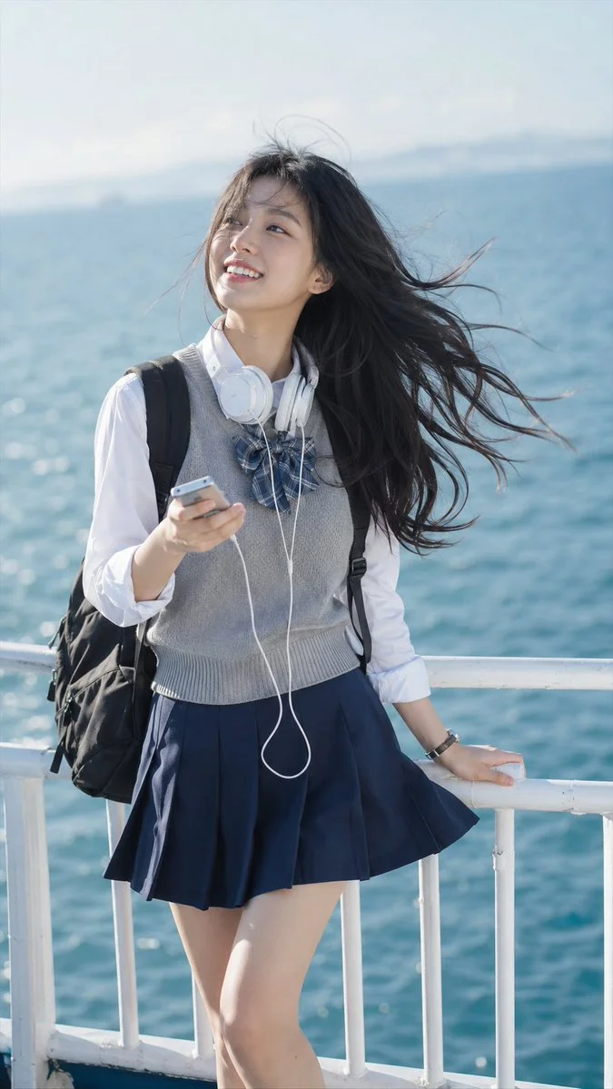 Nostalgic Seaside Moment: Young Woman Listening to Music
