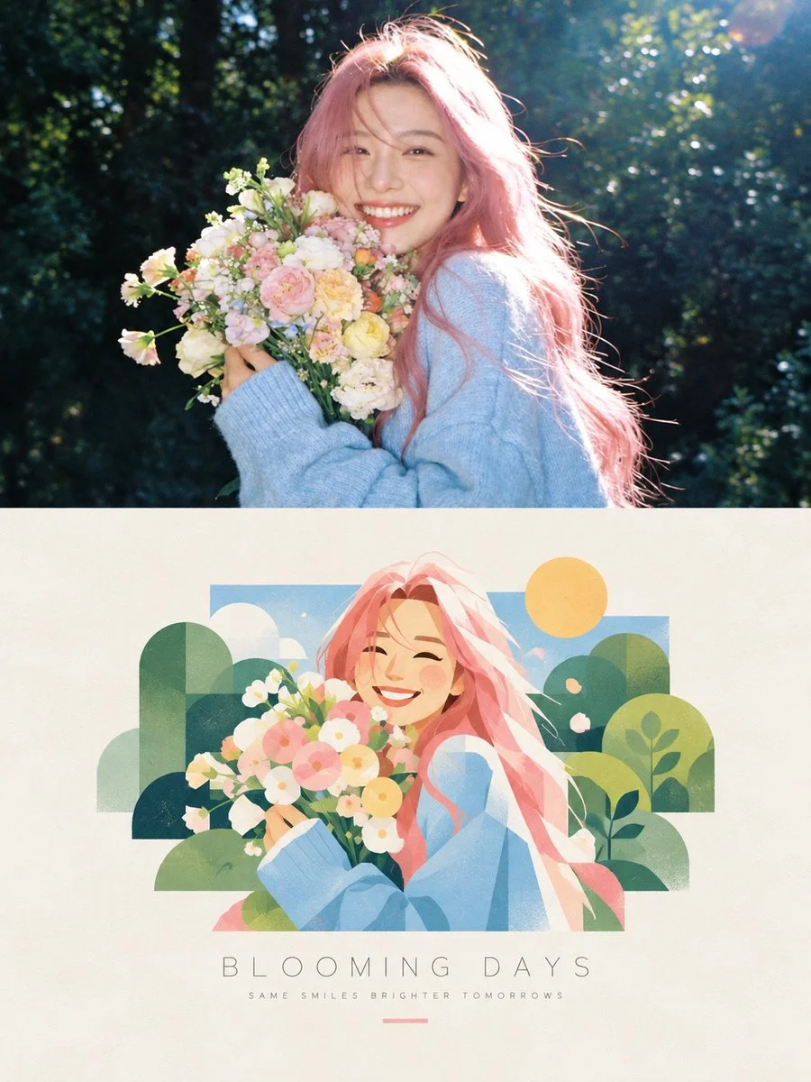 Nostalgic summer magazine layout blends photo and painted portrait
