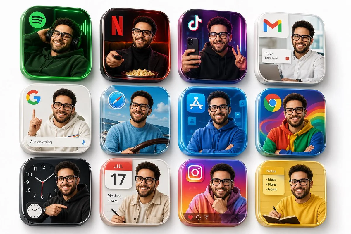 One model transforms into twelve distinct app icon personalities.