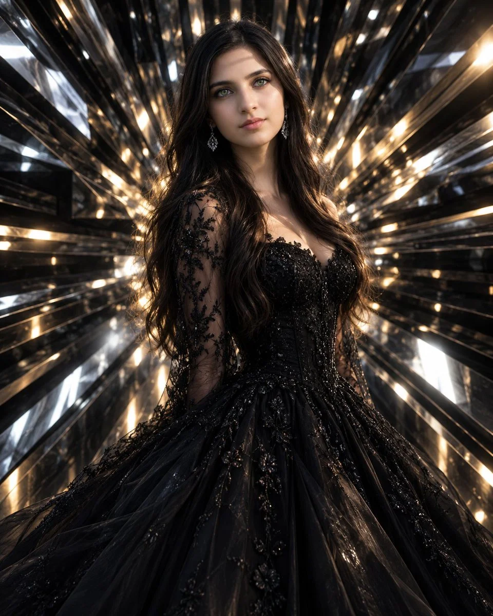 Opulent Black Gown Dazzles Amidst Kaleidoscopic Mirror Shards