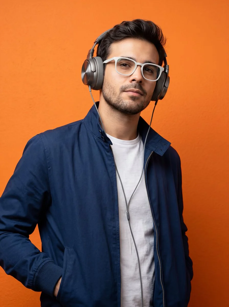 Orange Backdrop, Blue Attitude: Studio Portrait with Headphones
