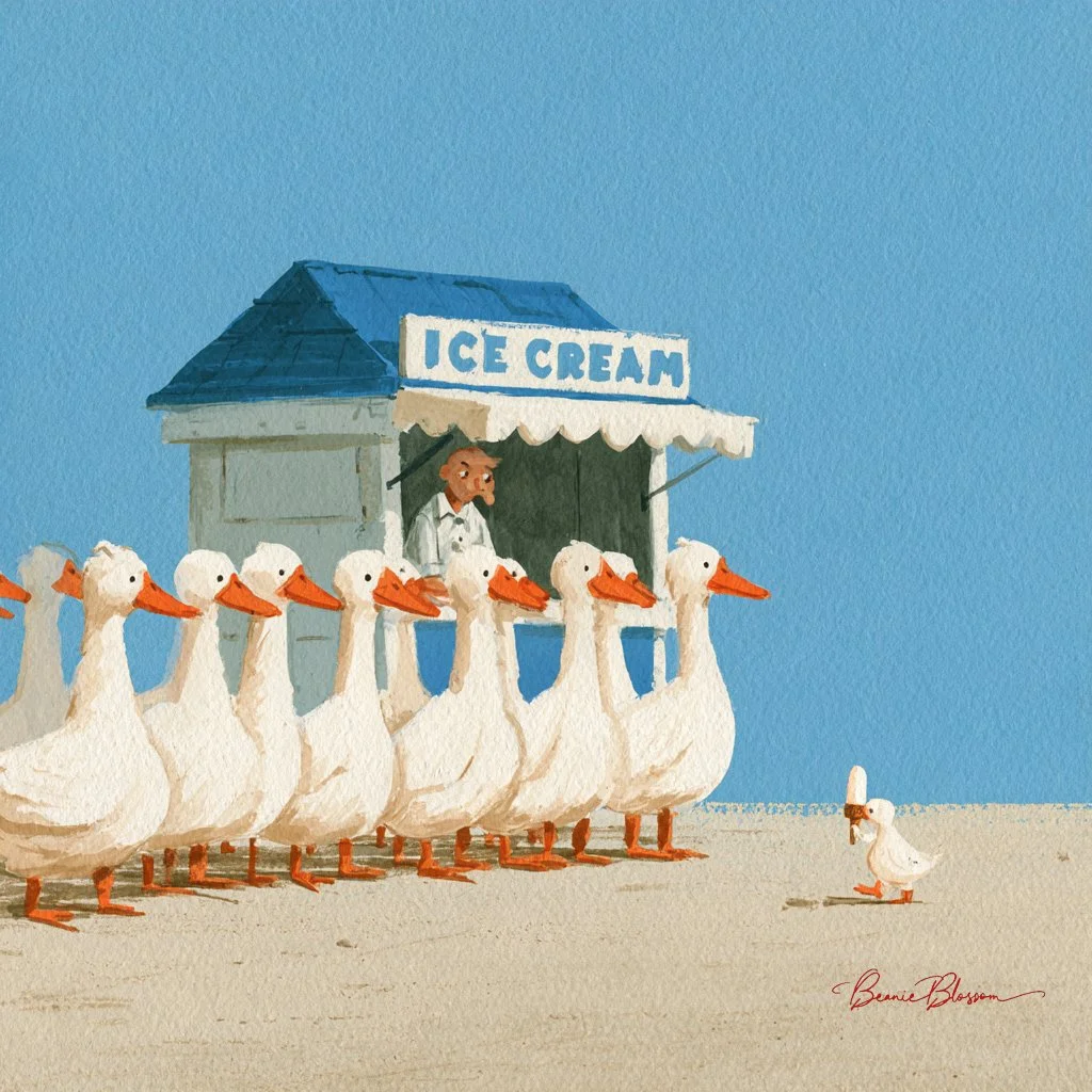 Orderly Duck Queue at a Summer Ice Cream Stand