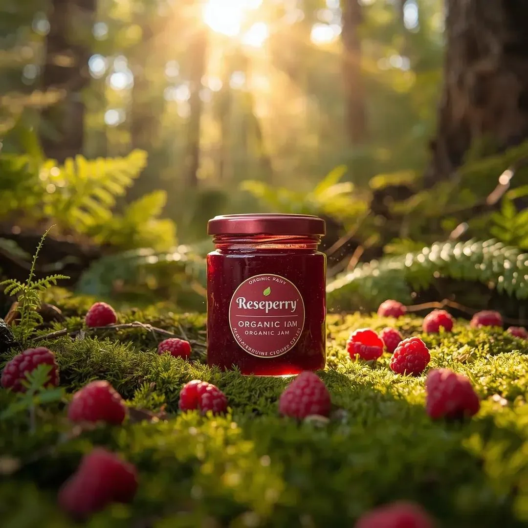 Organic Raspberry Jam Jar on Mossy Forest Floor in Golden Sunlight