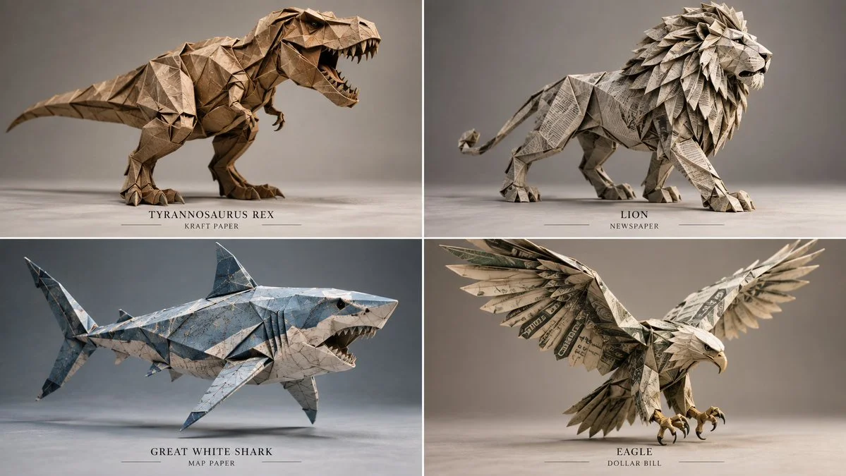 Origami Apex Predator Folded from Washi Paper on Grid