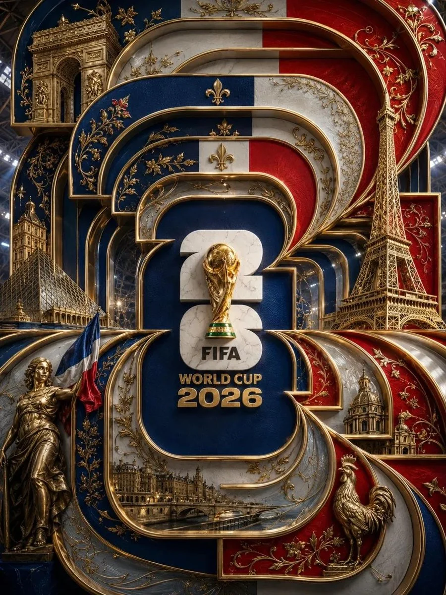 Ornate layered 2026 typography frames the FIFA World Cup trophy