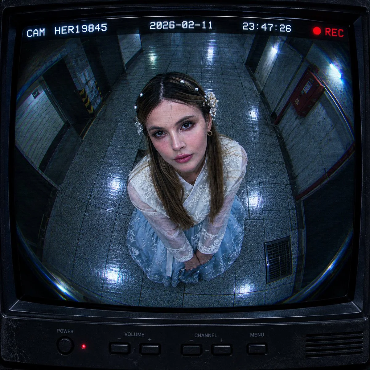 Overhead CCTV fisheye lens captures a tiled corridor in anime style