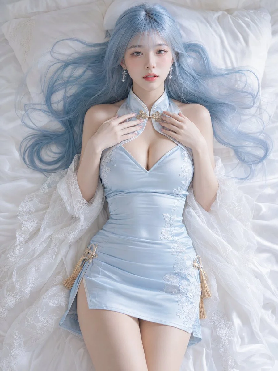 Overhead portrait shows ethereal beauty in lace and satin on bed